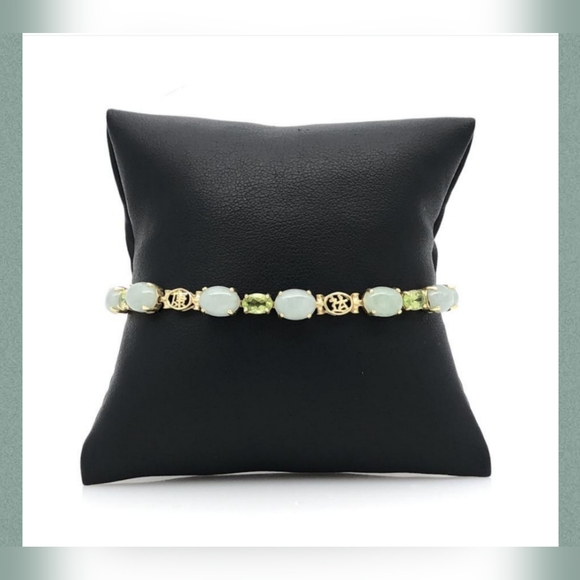 Estate Jewelry Jewelry - Vintage 14k Yellow Gold Jade & Peridot Chinese Character Tennis Bracelet 7.5